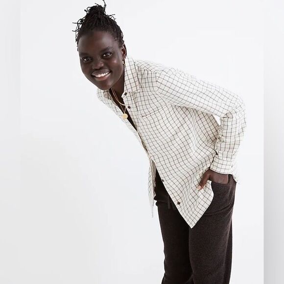 Madewell Flannel Classic Ex-Boyfriend Shirt in Windowpane Cream Forest XL - Picture 12 of 13